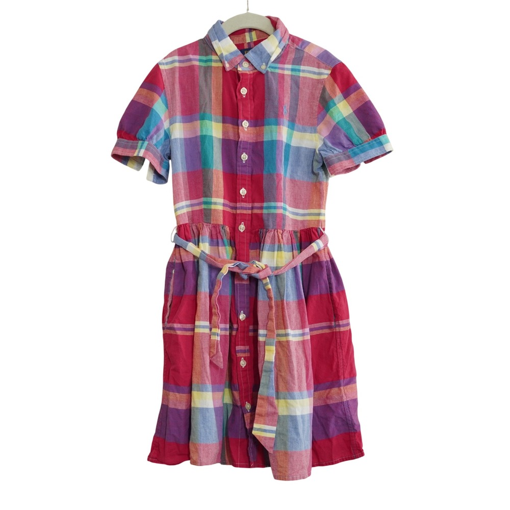 Polo Ralph Lauren Girls‎ Plaid Cotton Shirt Dress Multi Color Pink Blue Size 10
